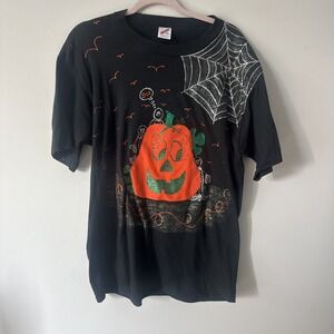 Halloween Pumpkin Vtg 90s Jerzees Made In USA Jack O Lantern Glitter Handmade XL